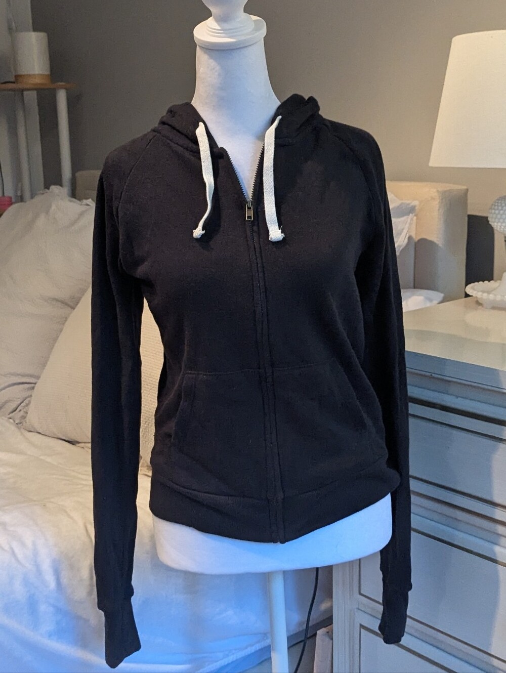 SO Black Full-Zip Hoodie with White Drawstrings, XS